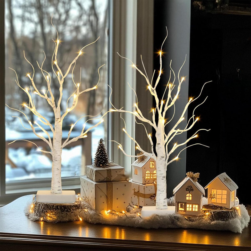 2 Pcs Lighted Tree Battery Powered Tabletop Tree Decorations For Home Fireplace Party Christmas Decorations