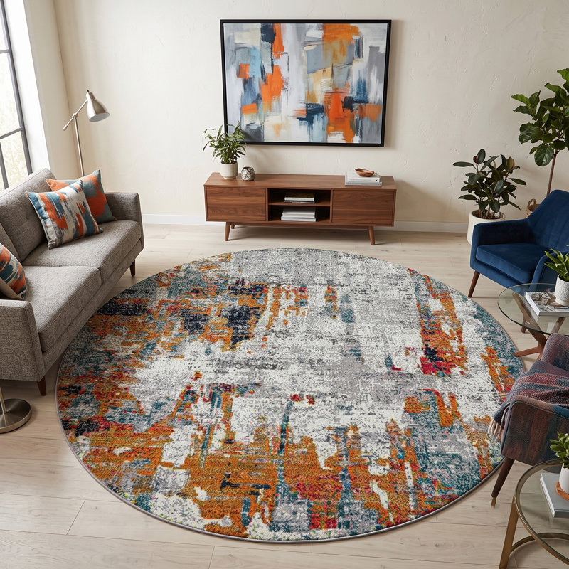 Tapis orange / bleu Chelsea, Rond 7 pi 6 po