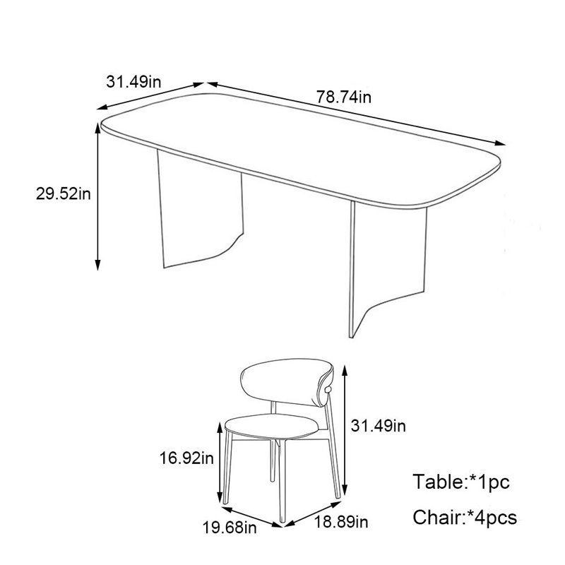 Table de salle à manger et chaises en forme de V, H 29,52 po x L 78,74 po x l 31,49 po