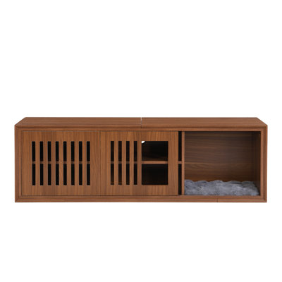 Mid-Century Modern Extendable TV Stand with Cat House - Walnut Wood Entertainment Center with Hidden Litter Box Enclosure, Fits TVs up to 100 Inches