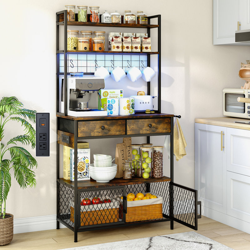 64 inch Bakers Rack With Power Outlets And Storage Cabinet, Coffee Bar Cabinet With Drawer,Microwave Stand For Kitchen Industrial Coffee Bar Station With LED Lights And Hook