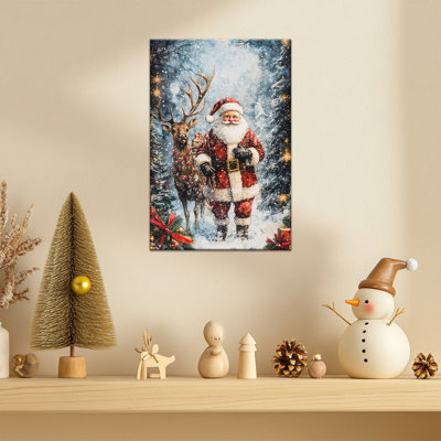 Art mural de Noël sur toile: Père Noël et renne, reproduction d'art, affiche de vacances d'hiver, décoration murale de Noël de ferme pour le salon, 12 po x 16 po