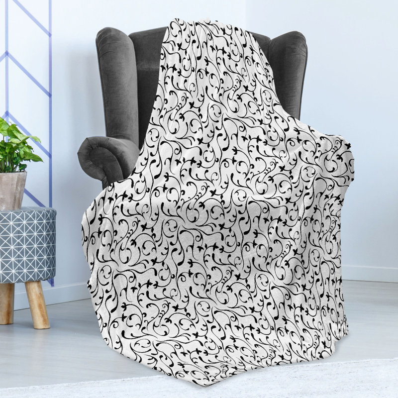 Ambesonne Fleece Throw Blanket, Coconut Black Floral, 50" W x 60" L