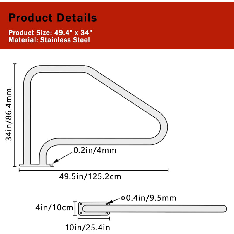 Pool Handrail, Pool Railings for Inground Pools, Swimming Pool Safety Handrails 375lbs Load Capacity, 304 Stainless Steel Pool Stair Rail with Grip Cover, Quick Mount Base Plate