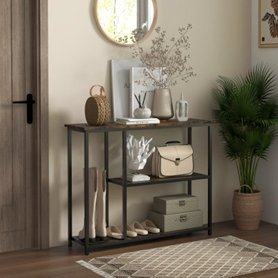 39" Brown Modern Console Table - 2 Storage Shelves, Steel Frame, Perfect for Narrow Entryways