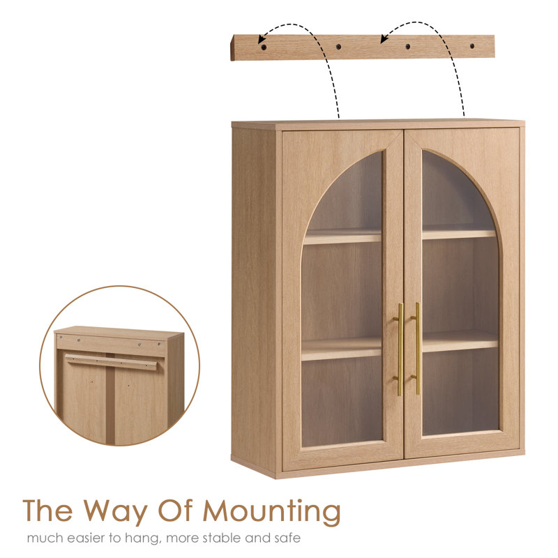 Modern Arched Bathroom Wall Cabinet with Glass Doors, Natural-2PCS, Natural Oak, 2