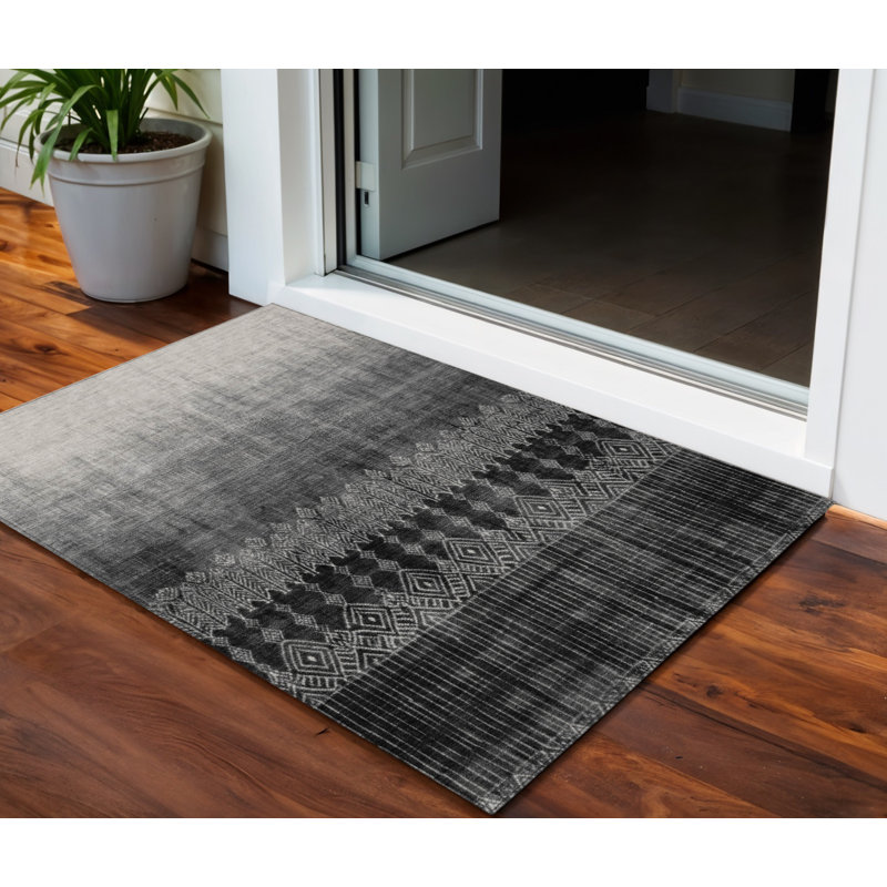 3' X 5' Black Ivory And Gray Ombre Washable Indoor Outdoor Area Rug