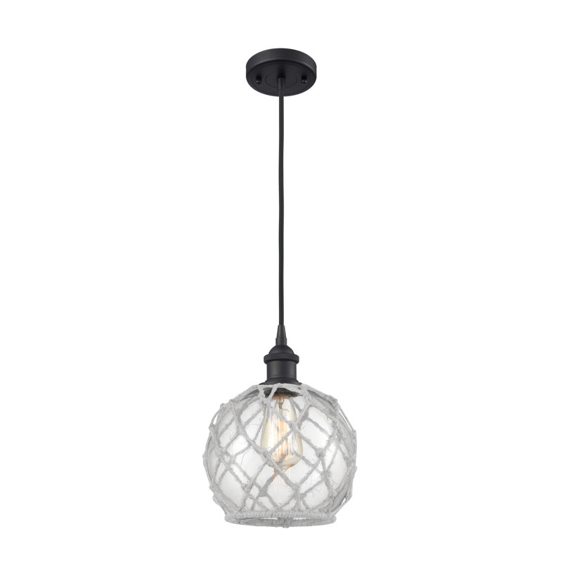 Luminaire suspendu en forme de globe à 1 lumière avec accents en corde Tobey, H 10 pi x l 8 po x P 8 po, Transparent/blanc