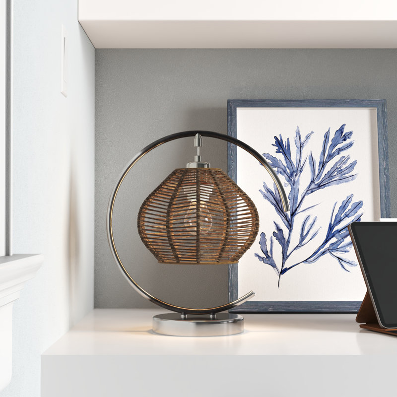 Lystra 13.75"H Brushed Nickel Iron Table Lamp with Rattan Shade