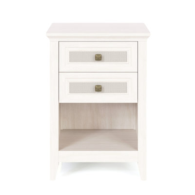 Farmhouse Nightstand, Boho Bedside Table with 2 Rattan Decor Drawers, Accent End Table with Open Storage Shelf, Wood Bedside Unit for Bedroom, Living Room, Home Office, Grayish White