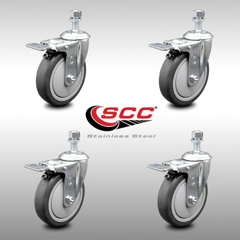 5 Inch SS Thermoplastic Rubber ½ Inch Threaded Stem Caster Set Total Lock Brake