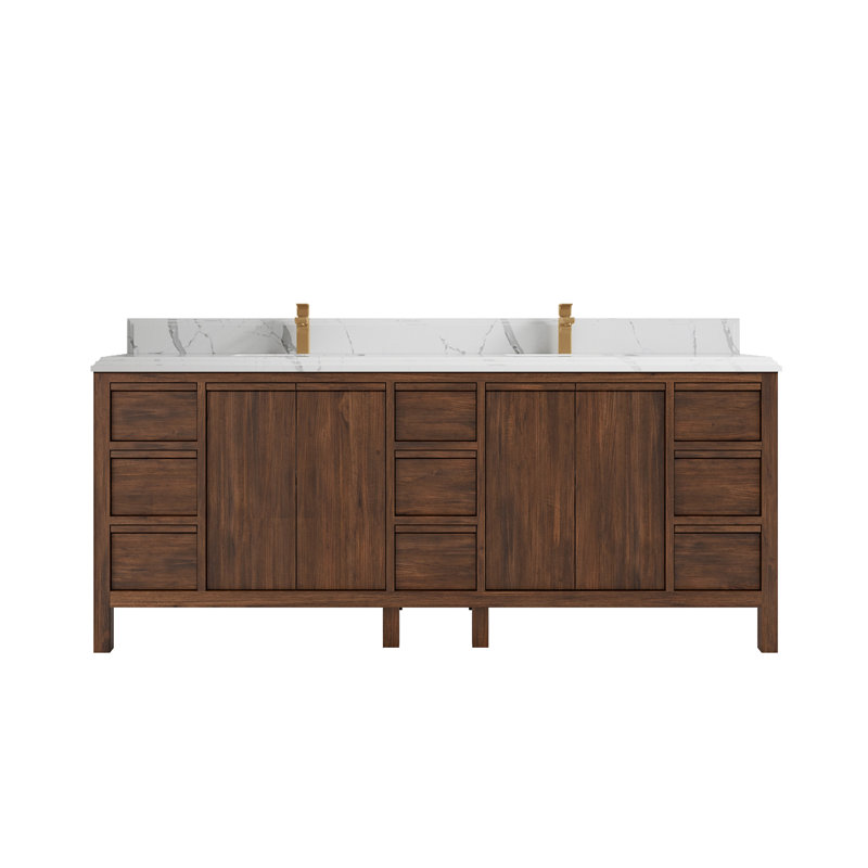 84'' Dark Walnut Teak Double Bathroom Vanity with Quartz Top
