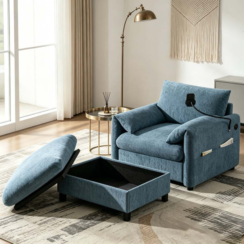37" Single Sofa with Storage Ottoman, Blue Chenille