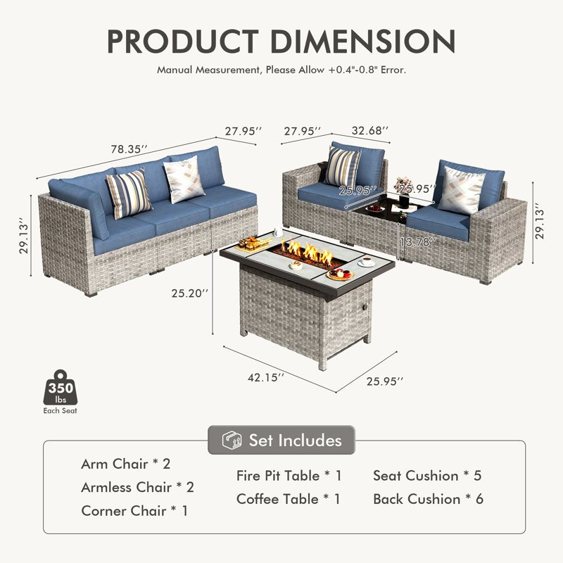 5-Person Outdoor Sectional With Cushions And Fire Pit,All-Weather Wicker Patio Set, Denim Blue