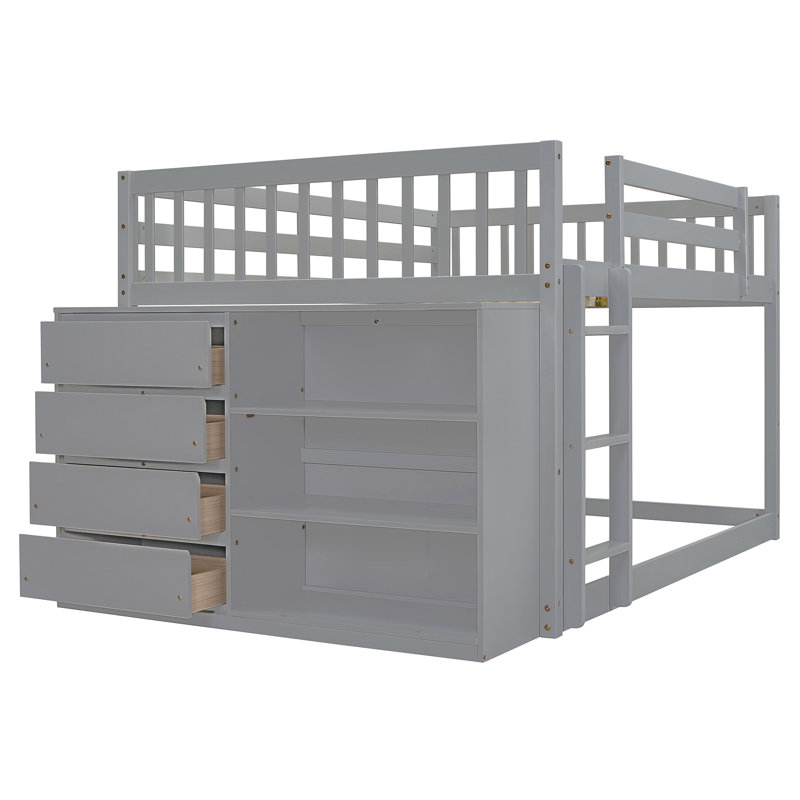  Bunk Bed with Four Drawers, Three Shelves, Solid Wood Construction, Safety Guardrails, Space-Saving and Functional Design