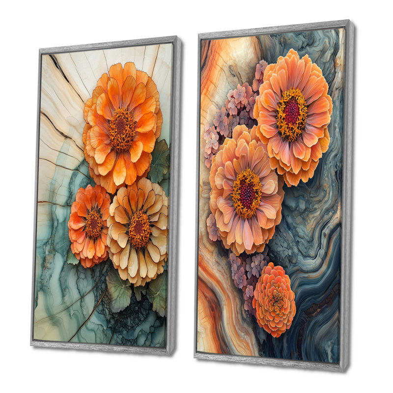 Zinnias Garden On Wood Slide I - Floral Wall Art, 2 pièces, H 28 po x l 25 po, Encadrement argenté