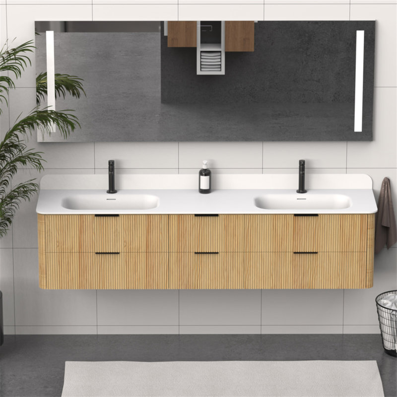 Meuble-lavabo cannelé en chêne doré 84 po avec lavabo intégré et quincaillerie noire 84 po
