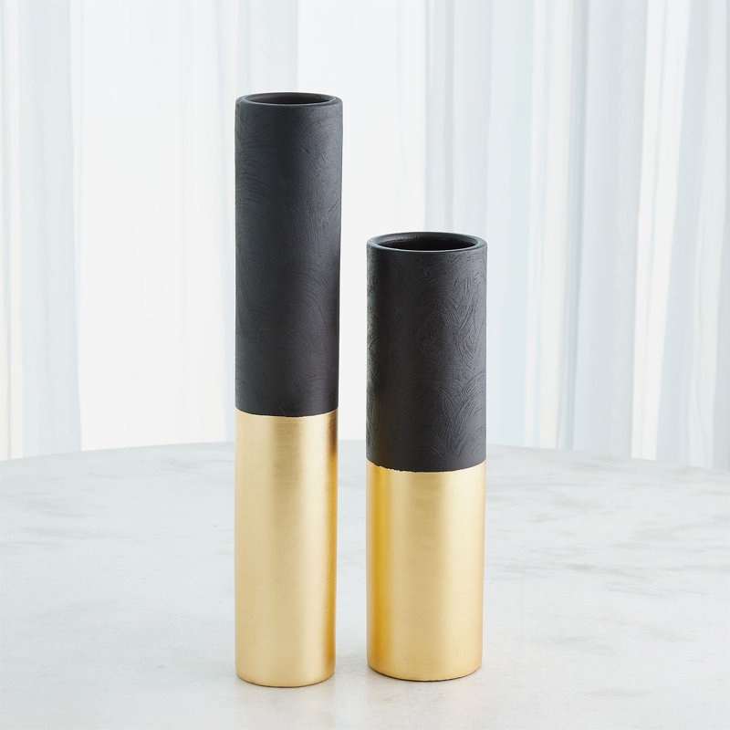Collins Vase-Matte Black/Gold Metallic-Lg, 14" H x 5" W x 5" D