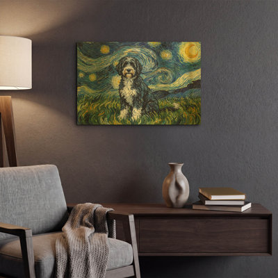 'Portuguese Water Dog Starry Night' By Rich Monet Gold Metal Wall Art, 24" x 16"