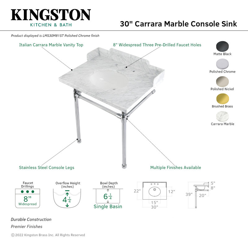 Kingston Brass Dreyden 30-Inch Carrara Marble Console Sink with Stainless Steel Legs (8-Inch, 3-Hole)