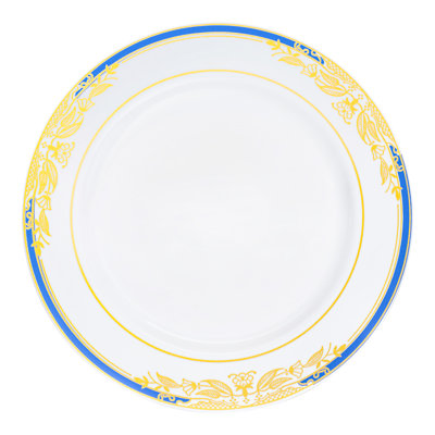 Assiettes / assiettes à salade en plastique blanc et bleu avec bordure dorée Harmony (7,5 po)