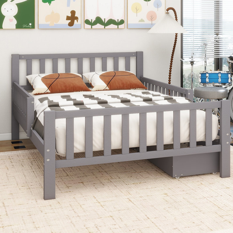 Wood Platform Bed With Guardrails On Both Sides And Two Storage Drawers,, Grey, Twin