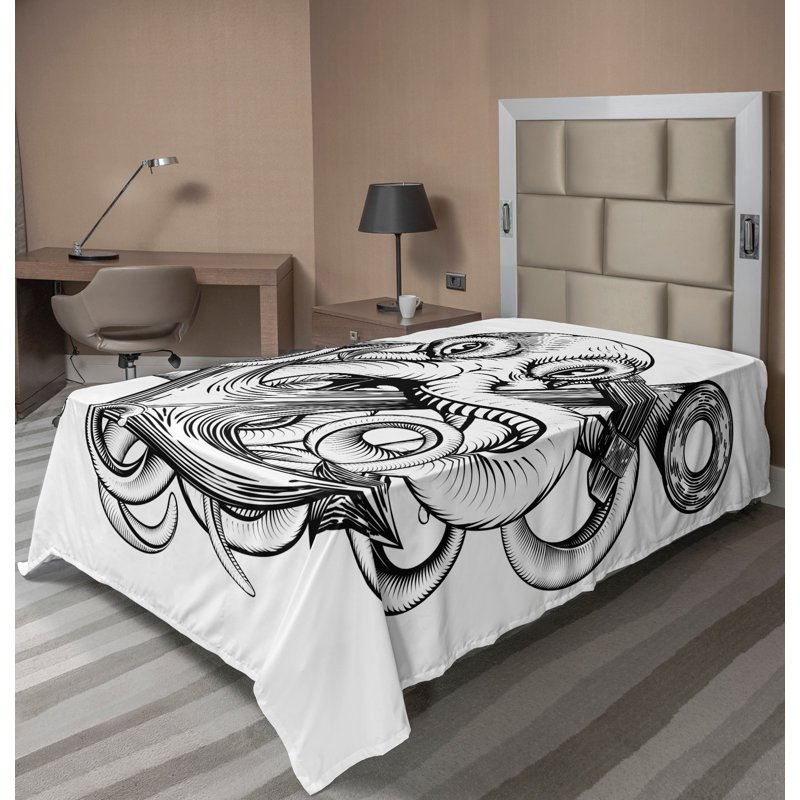 Ambesonne Underwater Top Flat Sheet Octopus Ship Sketch TwinXL Black White, Twin Flat Sheet