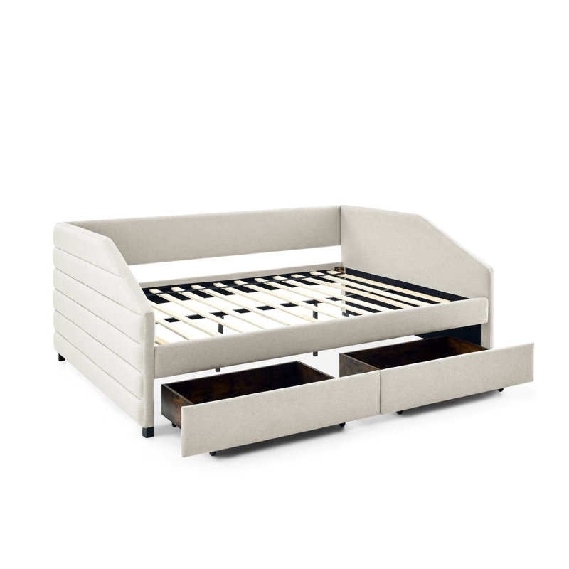 Lit tapissier grand format, lin beige avec lit de jour gigogne à deux tiroirs, et, Beige