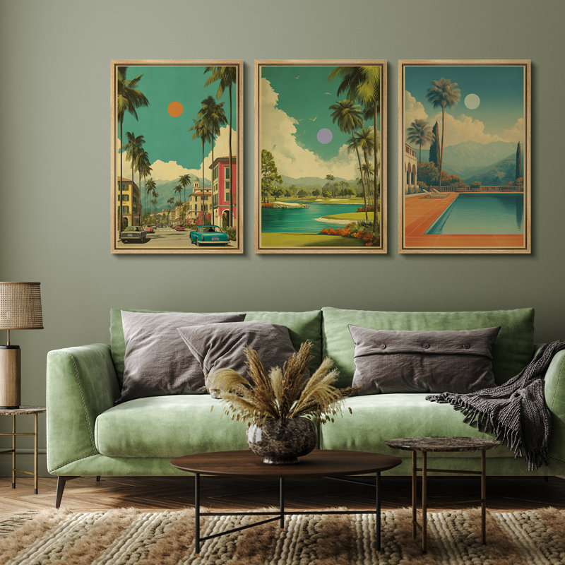 «Retro Palm Springs Landscape Triptych», reproduction d'art sur toile encadrée de style Mid-Century moderne pour le salon ou le bureau