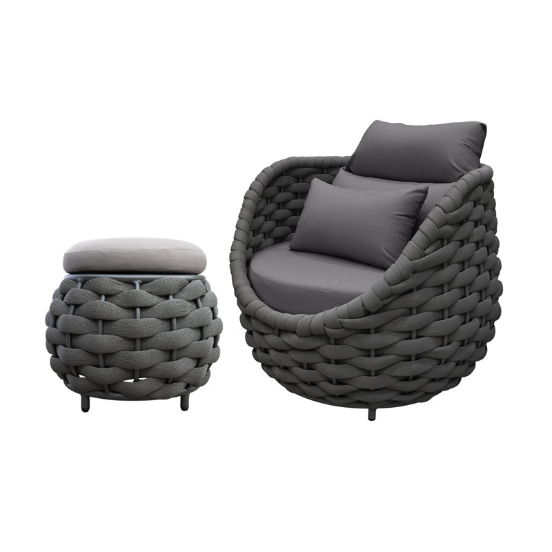 Chaise longue d'extérieur en osier avec repose-pieds, Corde en textilène gris foncé