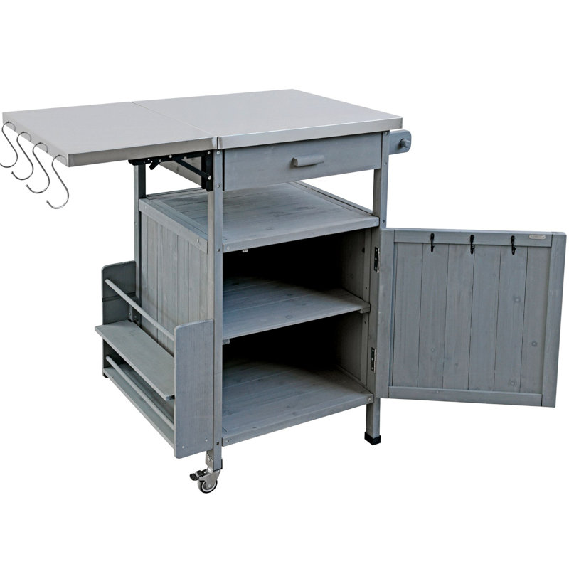 Chariot de cuisine à roulettes 40,5 "avec roues verrouillables, table de chariot de barbecue extérieure avec table d'appoint pliable, armoire de table de barbecue mobile avec abattant pour jardin, brun