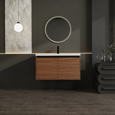 Ensemble de meuble-lavabo brun 36 po avec lavabo à poser en résine, ensemble d'armoires de salle de bain 2 portes
