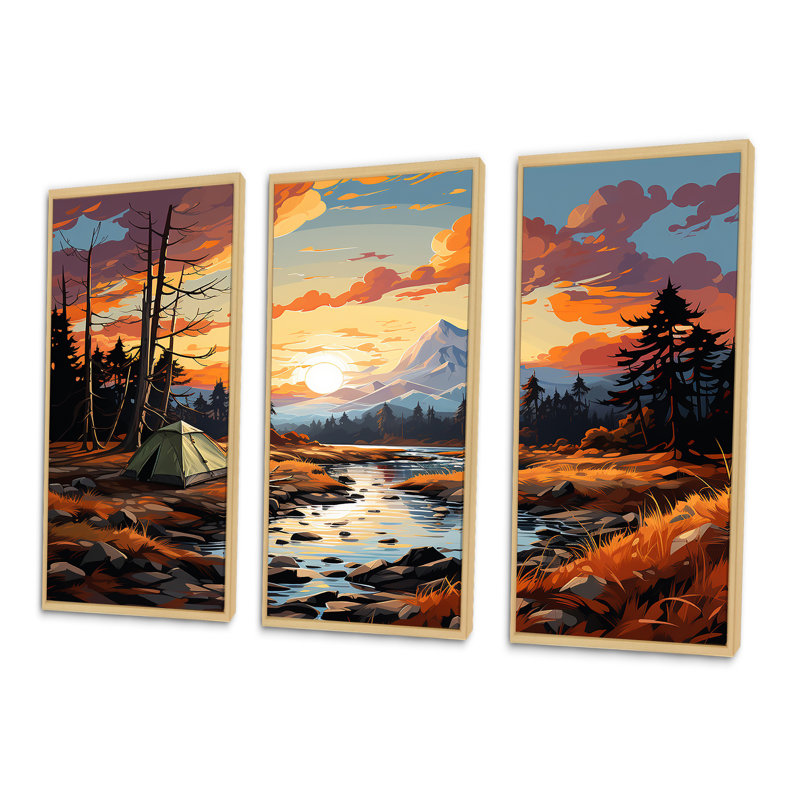 «Camping by the River», ensemble d'art mural sur toile, H 28 po x l 36 po, Cadre naturel flottant
