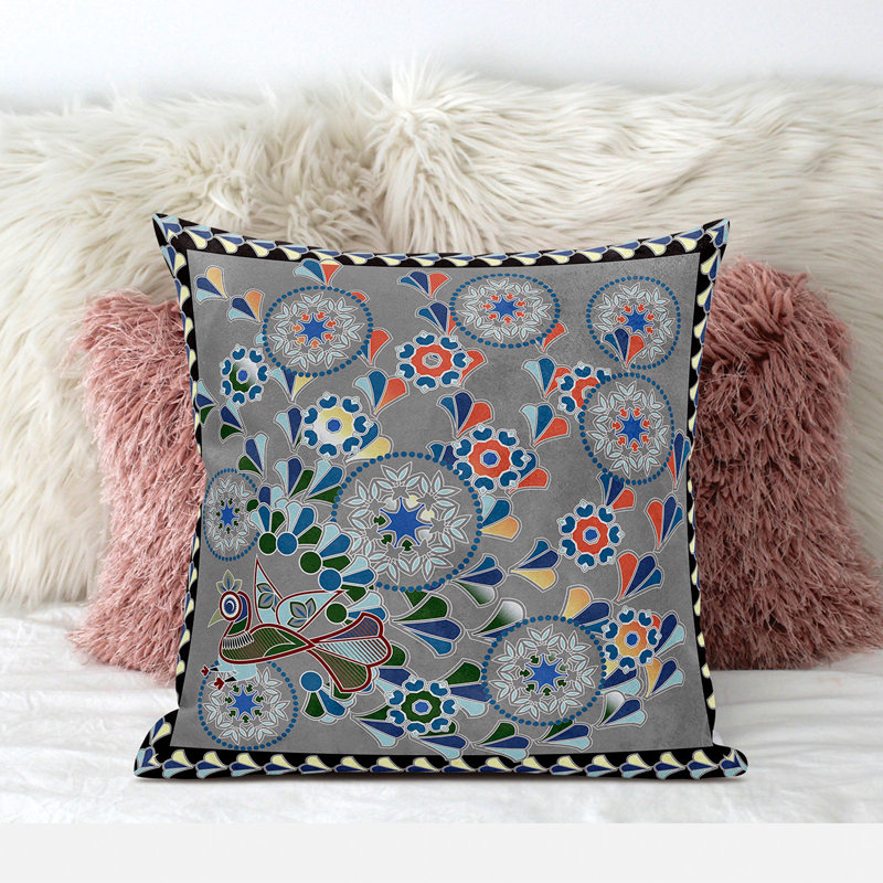 Floral Square Throw Cushion, 51cm H x 51cm W, Grey/Yellow
