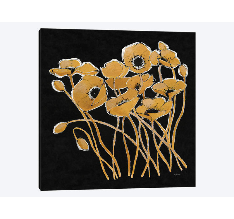 «Gold Black Line Poppies I», reproduction sur toile, H 18 po x l 18 po x P 1,5 po, Toile tendue, Pas de tapis