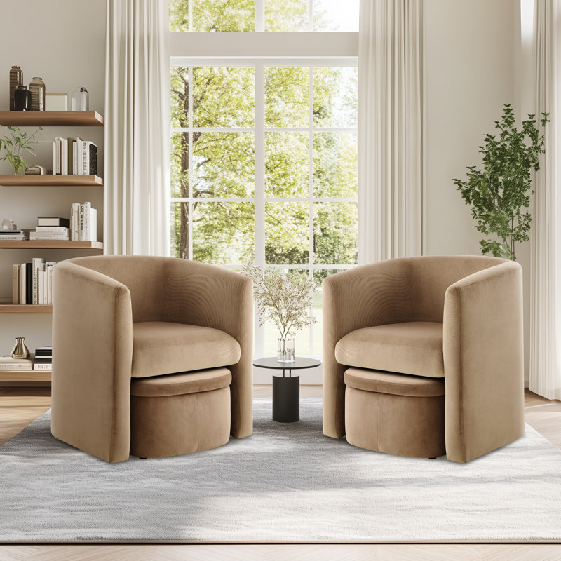 Kyah Upholstered Barrel Chair with Footstool, Brown Velvet