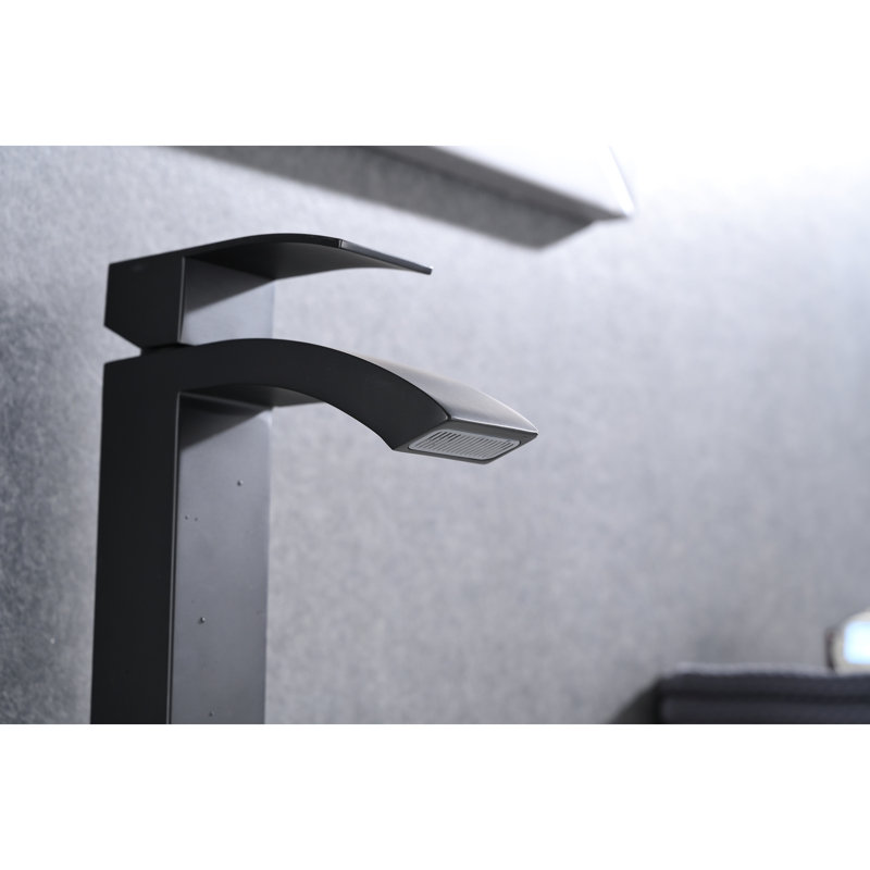 Robinet de lavabo de salle de bain avec finition noir mat et bec cascade - Bonde escamotable à poignée simple avec trop-plein attaché pour une installation facile et un service à long terme intégré