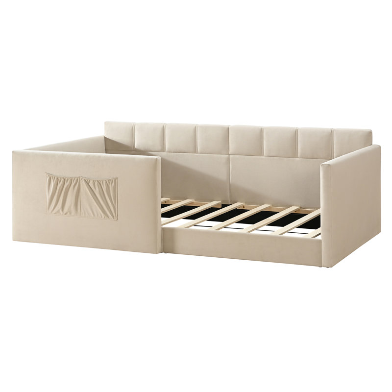Low Upholstered Daybed With Storage Pocket, Beige, Twin