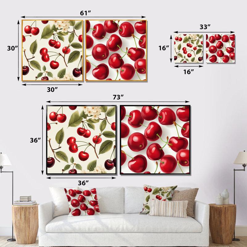 Simple Cherry Blooms Pattern I - Cherry Wall Decor Set Of 2, Brown Framed, 16" H x 33" W x 1" D