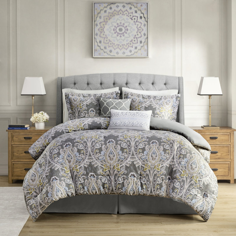 King Bed Grey Cotton Comforter With Materials 6 Piece In Fluffy Texture, King Comforter + 5 Additonal Pieces
