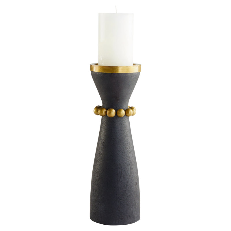 Parvati Wood Tabletop Candlestick, Rubbed Black/Antique Brass, 16" H x 5.5" W x 5.5" D