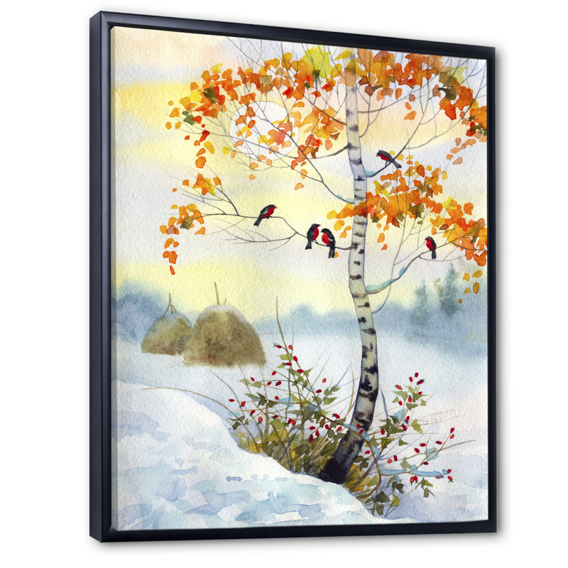 Bouvreuil sur le bouleau d'hiver - Peinture, H 20 po x l 12 po x P 1 po, Cadre flottant noir