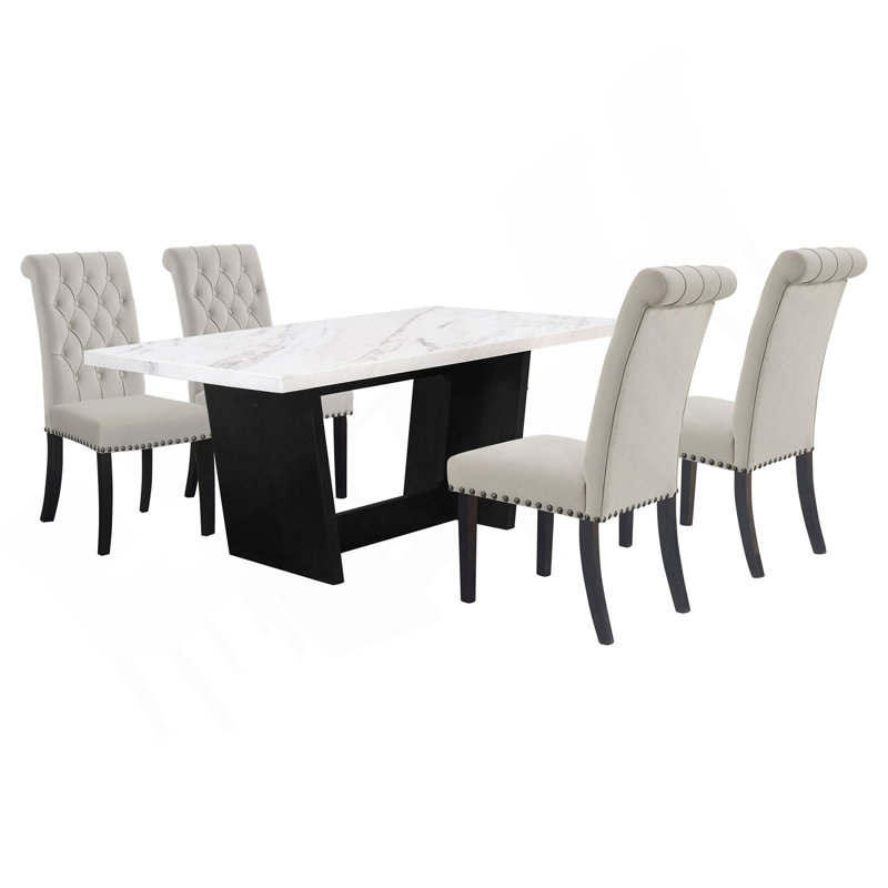 Rustic Espresso 5-Piece Rectangular Marble Top Dining Table Set