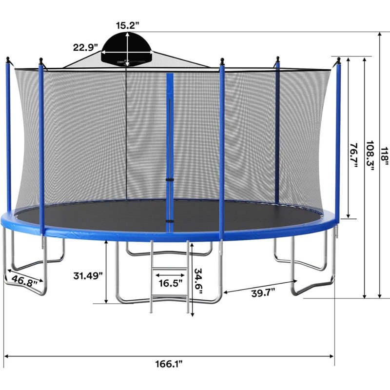 Trampoline 14 pi avec panier de basketball et filet de sécurité pour enfants et adultes, bleu