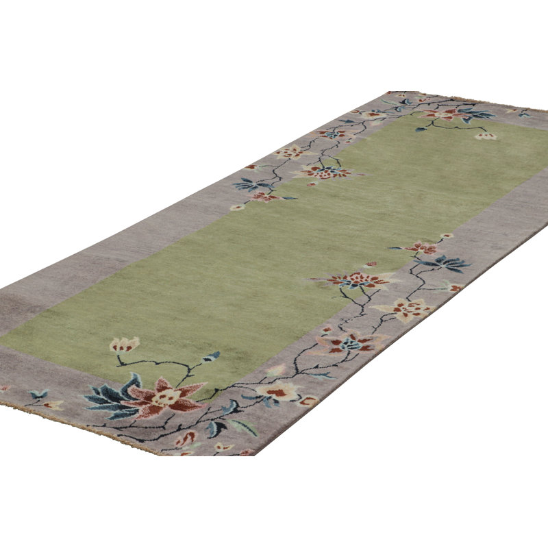Rug & Kilim’S Chinese Art Deco Runner Rug In Green With Colorful Floral Patterns, Rectangle 9' x 12'