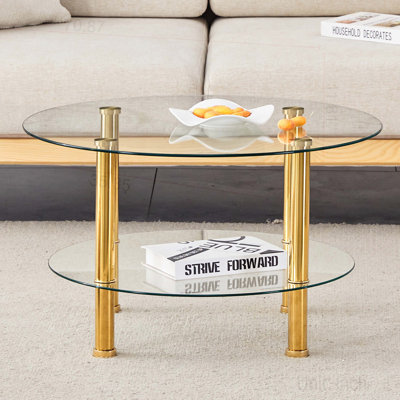 Contemporary Minimalist Double Layer Tempered Glass Coffee Table - 27.5" Top and 23.6" Bottom.Reinforced Glass Tabletop,Stainless Steel Plated Legs by Wrought Studio