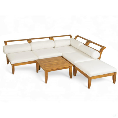 Ensemble de canapé de patio 6 pièces, ensemble de conversation modulaire d'extérieur en bois d'acacia, ensemble de conversation en forme de L, lit de jour convertible avec table à thé, repose-pieds, 5 coussins et coussins, teck et beige