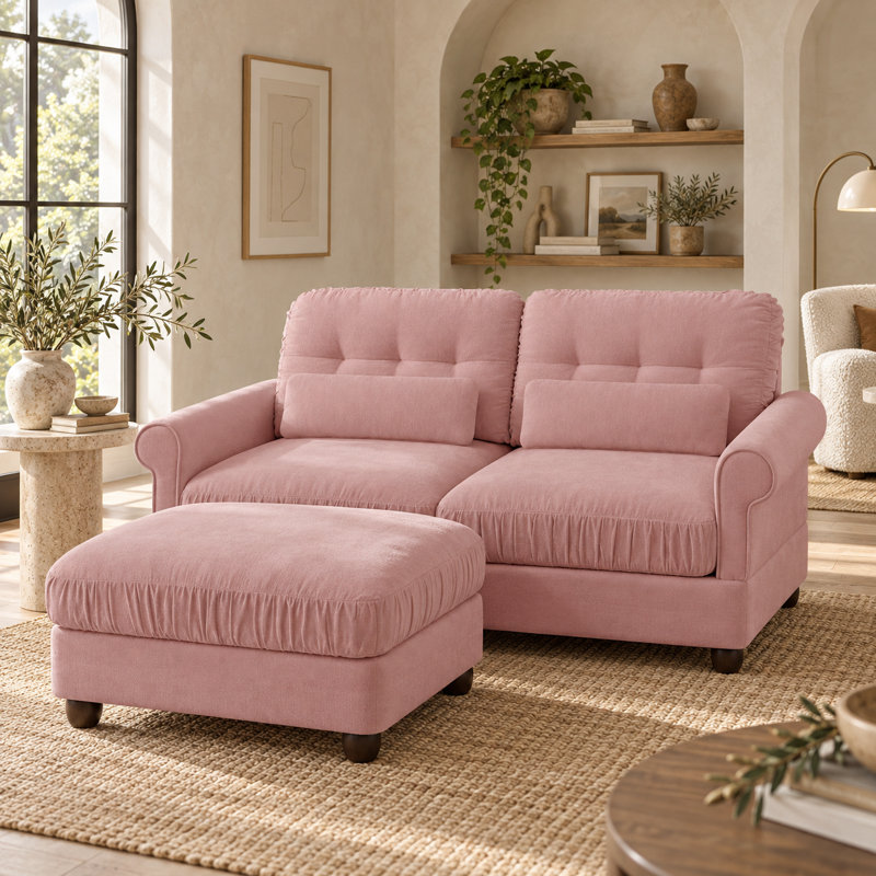 Canapé modulable 2 places Rovesselle en chenille de 176 cm de large avec pouf, coussins à volants et coussins lombaires, Pink