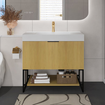 Meuble-lavabo 36 po, armoire de rangement autoportante en contreplaqué rayé avec tiroir et tablette ouverte, lavabo intégré encastré en résine rectangulaire blanche, couleur grain de bois chêne Corolla