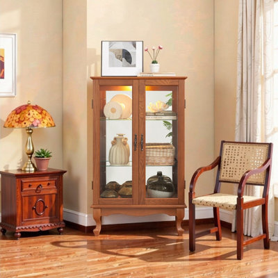 Lighted Curio Display Cabinet with Tempered Glass Doors, Mirrored Back